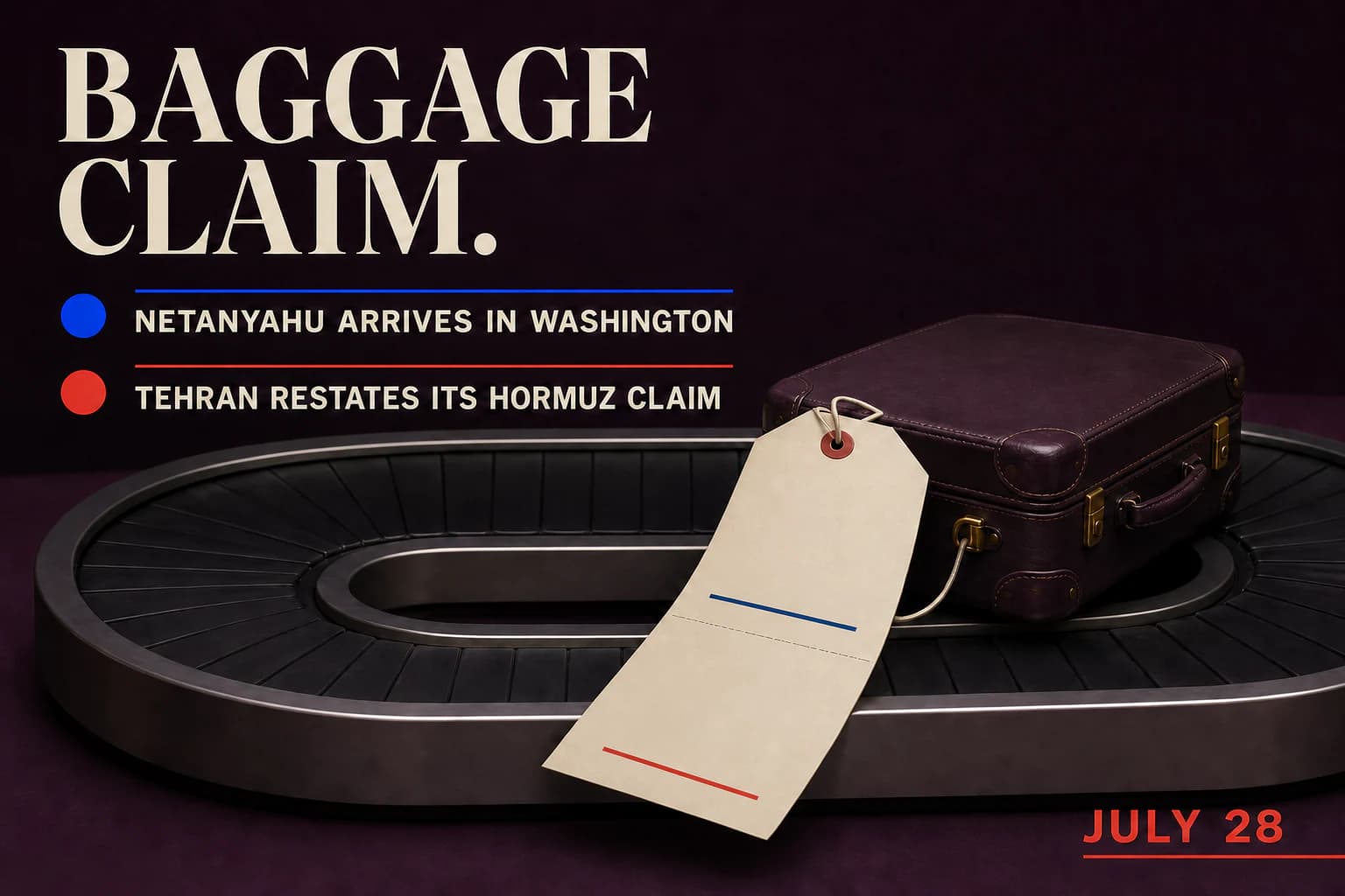 A diplomatic suitcase circles a baggage carousel with a blank two-color claim ticket beneath the headline Baggage Claim.
