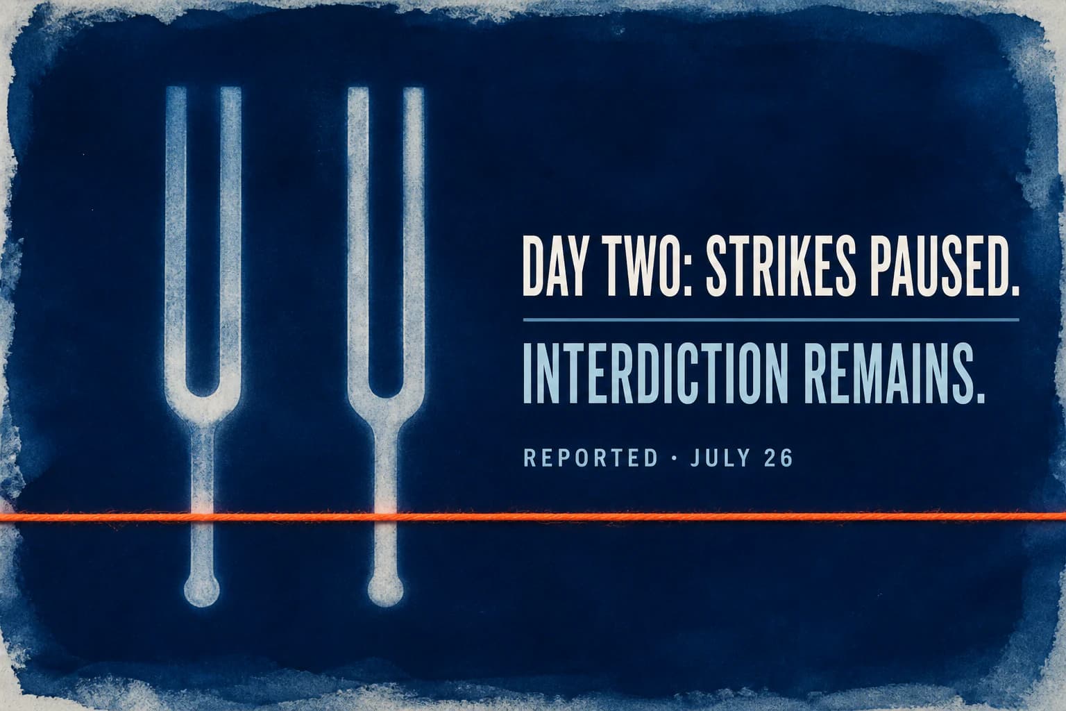 Two pale tuning-fork photograms rest above a taut orange cord beside text noting paused strikes and continuing interdiction.