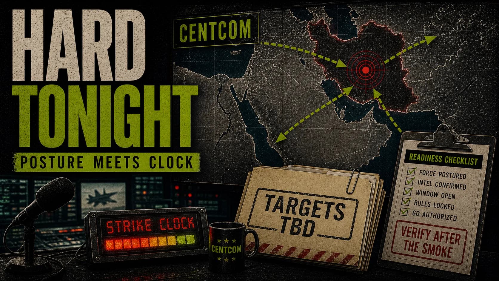 U.S. strike-posture board labeled Hard Tonight with a Gulf map, target folders, and a strike-clock panel.