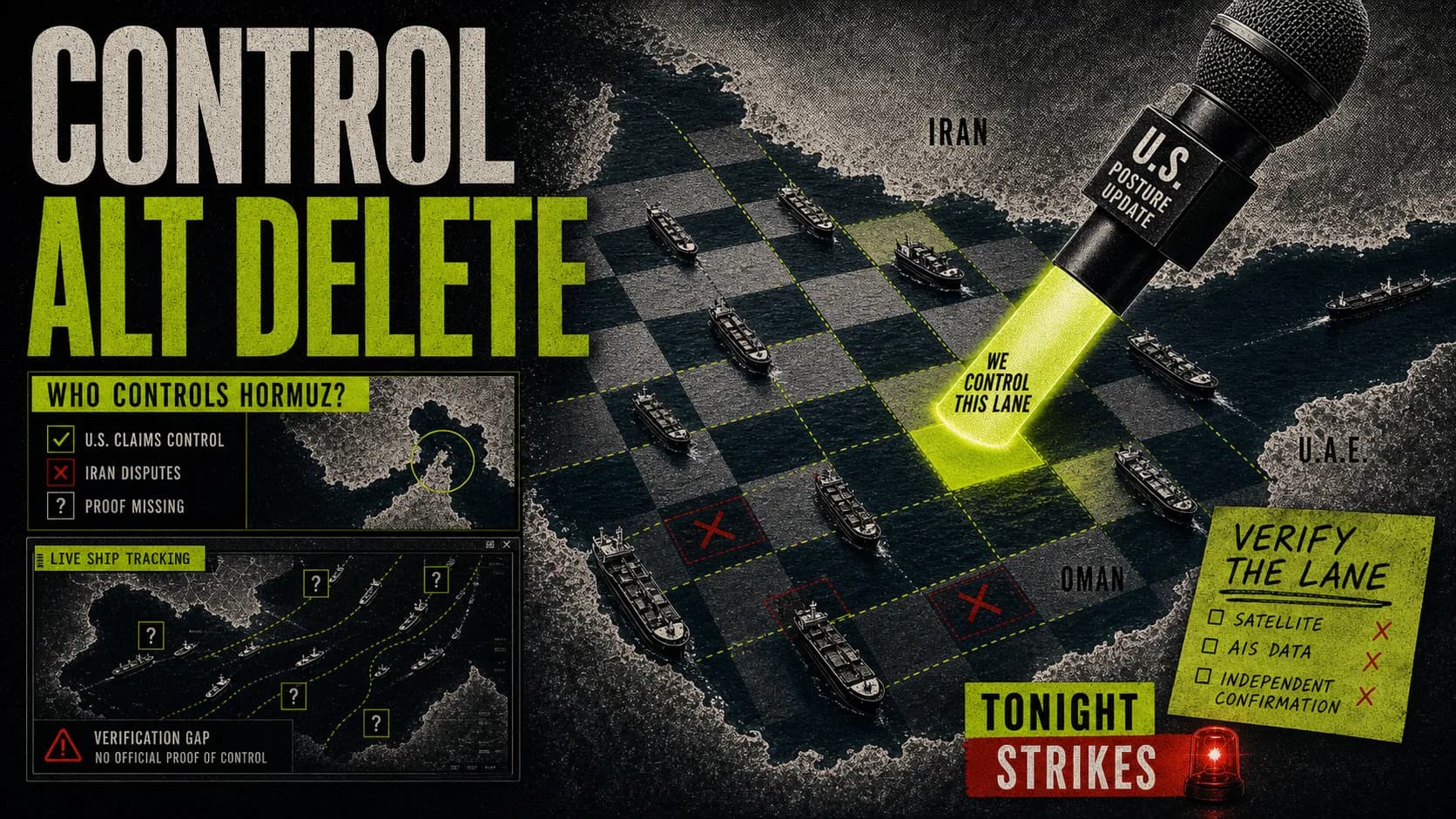 Hormuz maritime chessboard labeled Control Alt Delete with tanker lanes, route verification, and a U.S. posture microphone.
