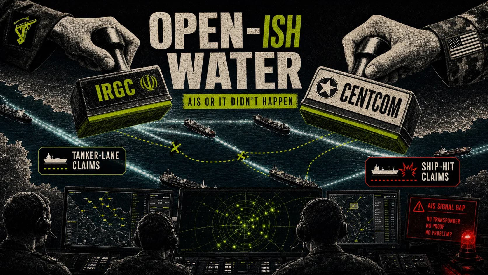 Strait of Hormuz verification board labeled Open-ish Water with tanker lanes and dueling IRGC and CENTCOM stamps.