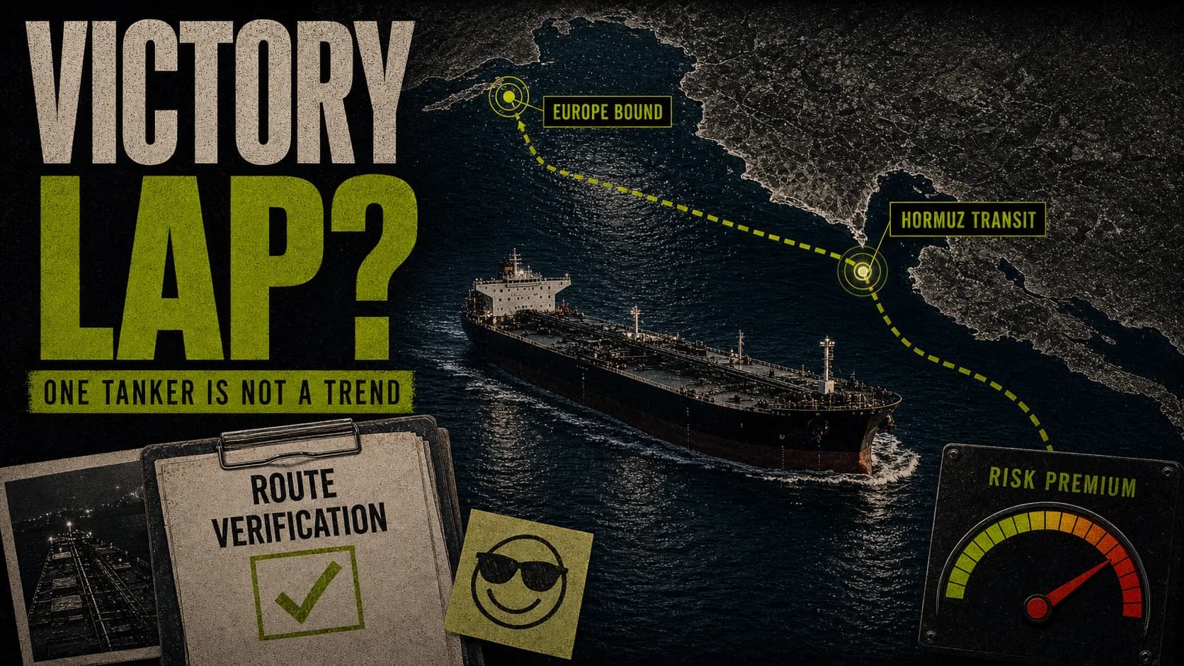 Hormuz tanker route board labeled Victory Lap with one Europe-bound tanker and a risk-premium gauge.