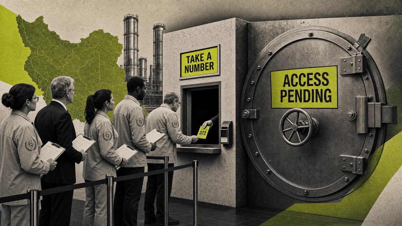 Inspectors wait outside an access-pending vault in a satirical IAEA collage.
