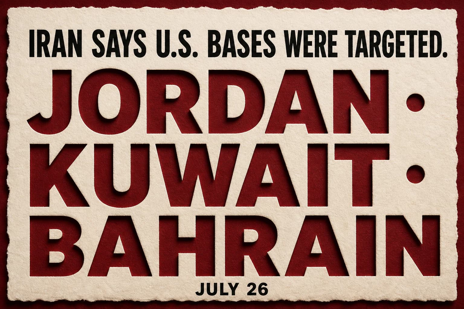 Jordan, Kuwait and Bahrain appear as large ivory cut-paper letterforms beneath an attributed Iranian targeting claim.