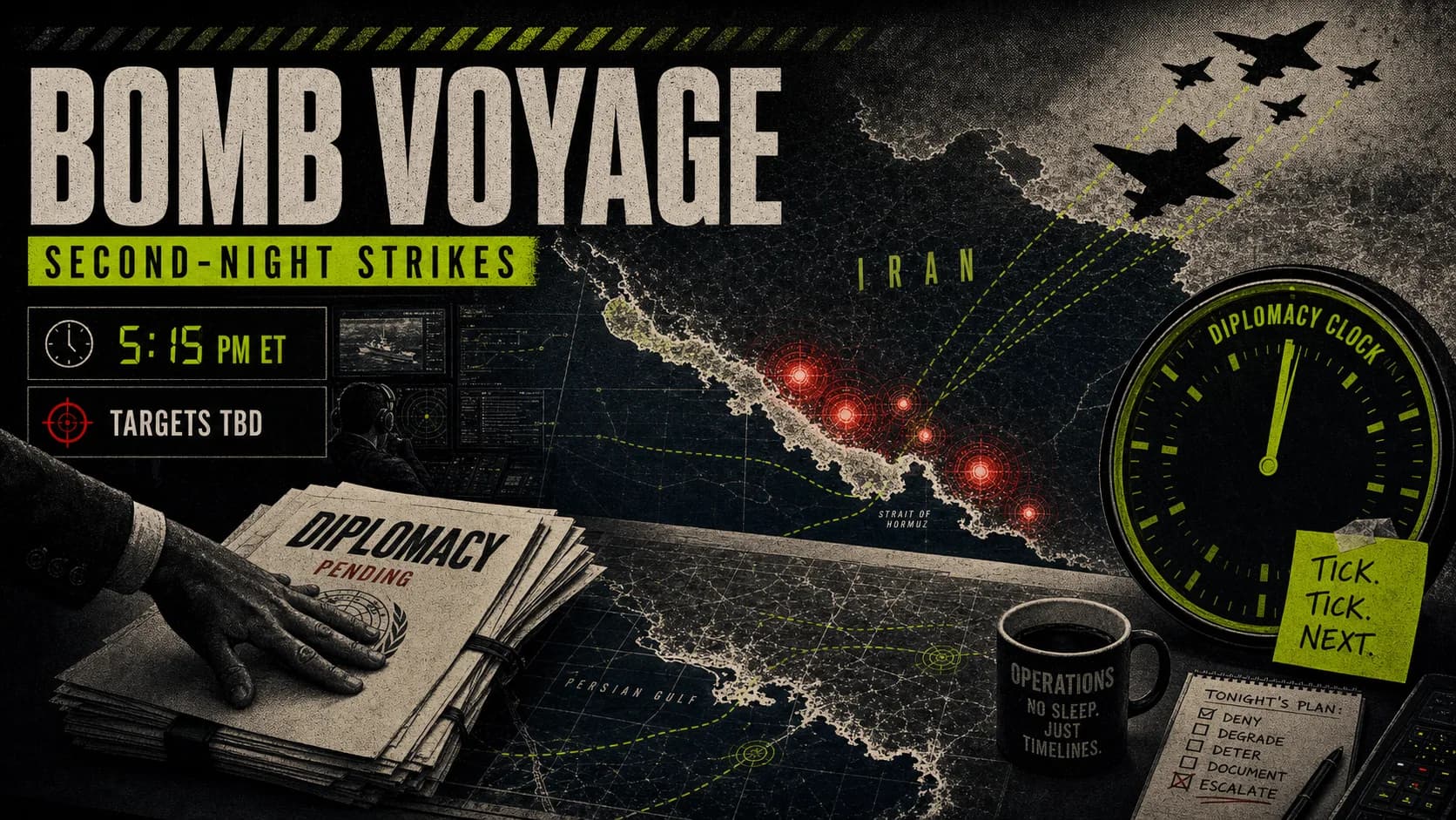 Iran strike-map board labeled Bomb Voyage with target pings, a diplomacy clock, and second-night strike timing.