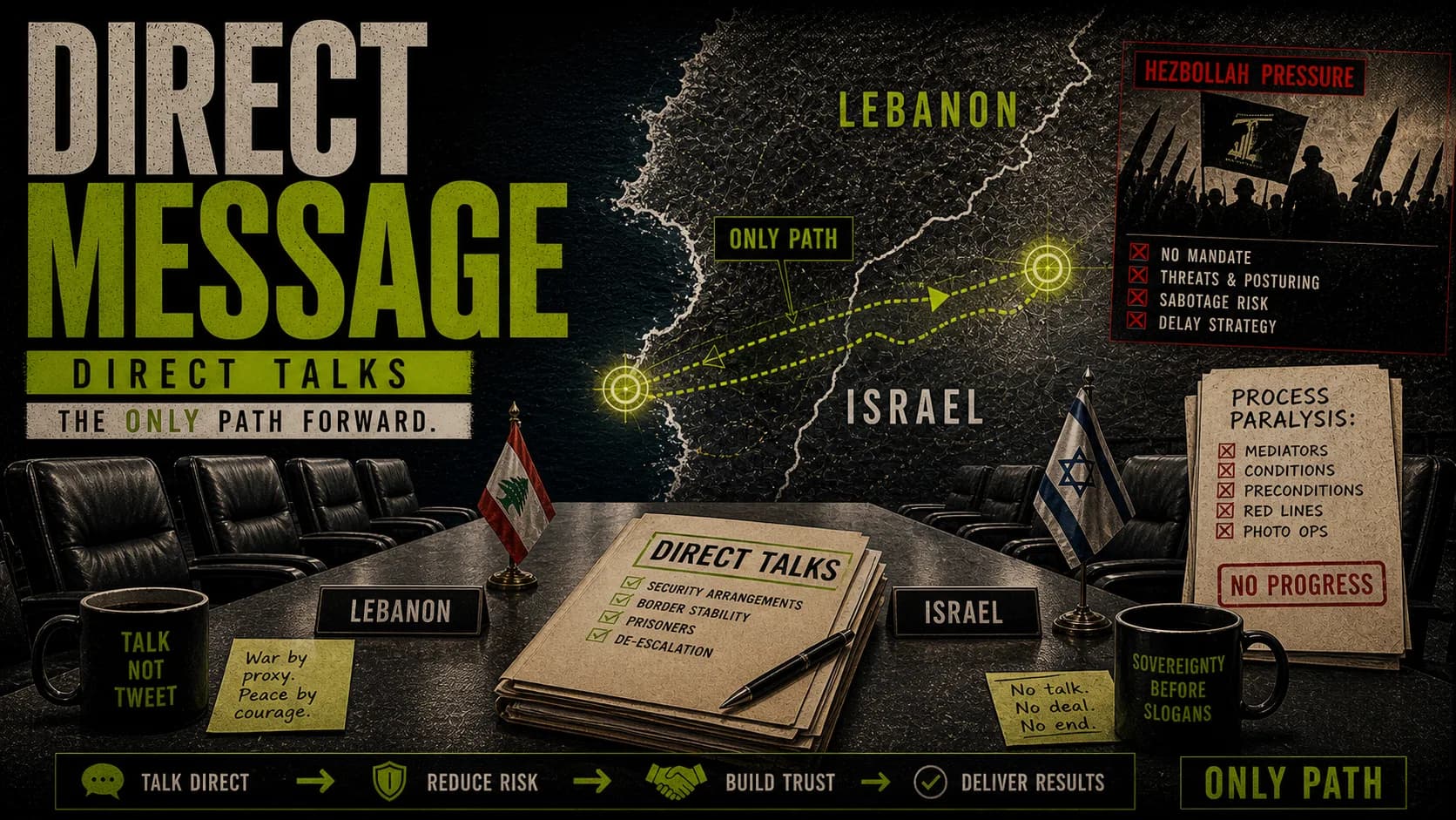 Lebanon-Israel talks board labeled Direct Message with empty negotiation chairs, border-route arrows, and proxy-war paperwork.