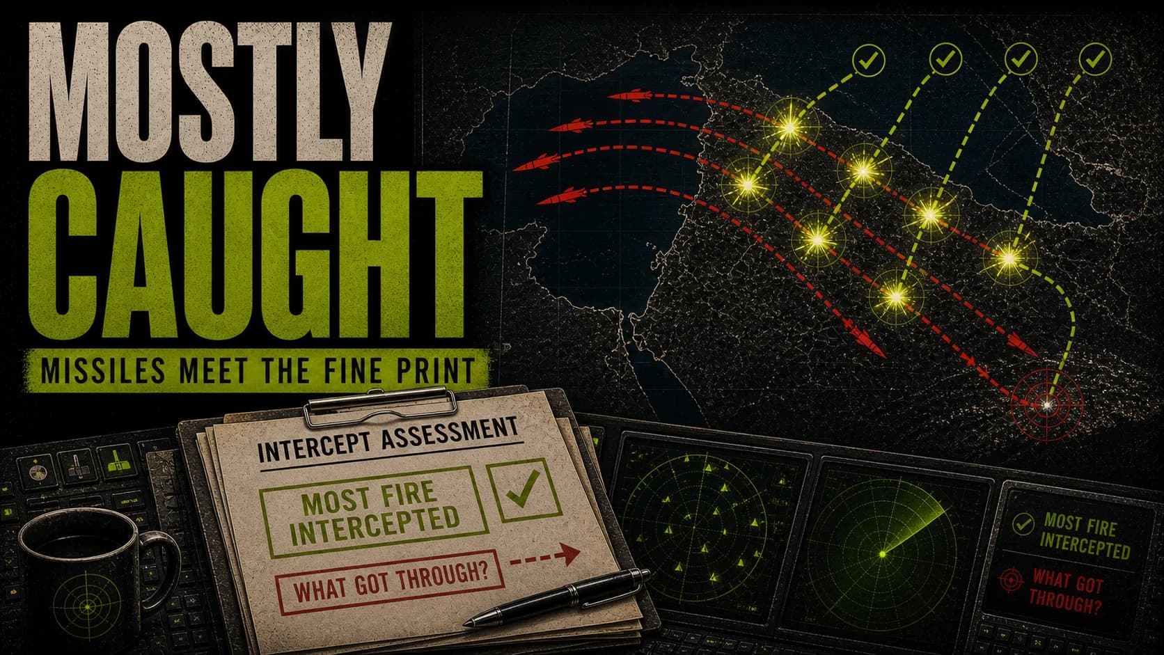 Air-defense assessment board labeled Mostly Caught with intercepted missile tracks and a what-got-through note.