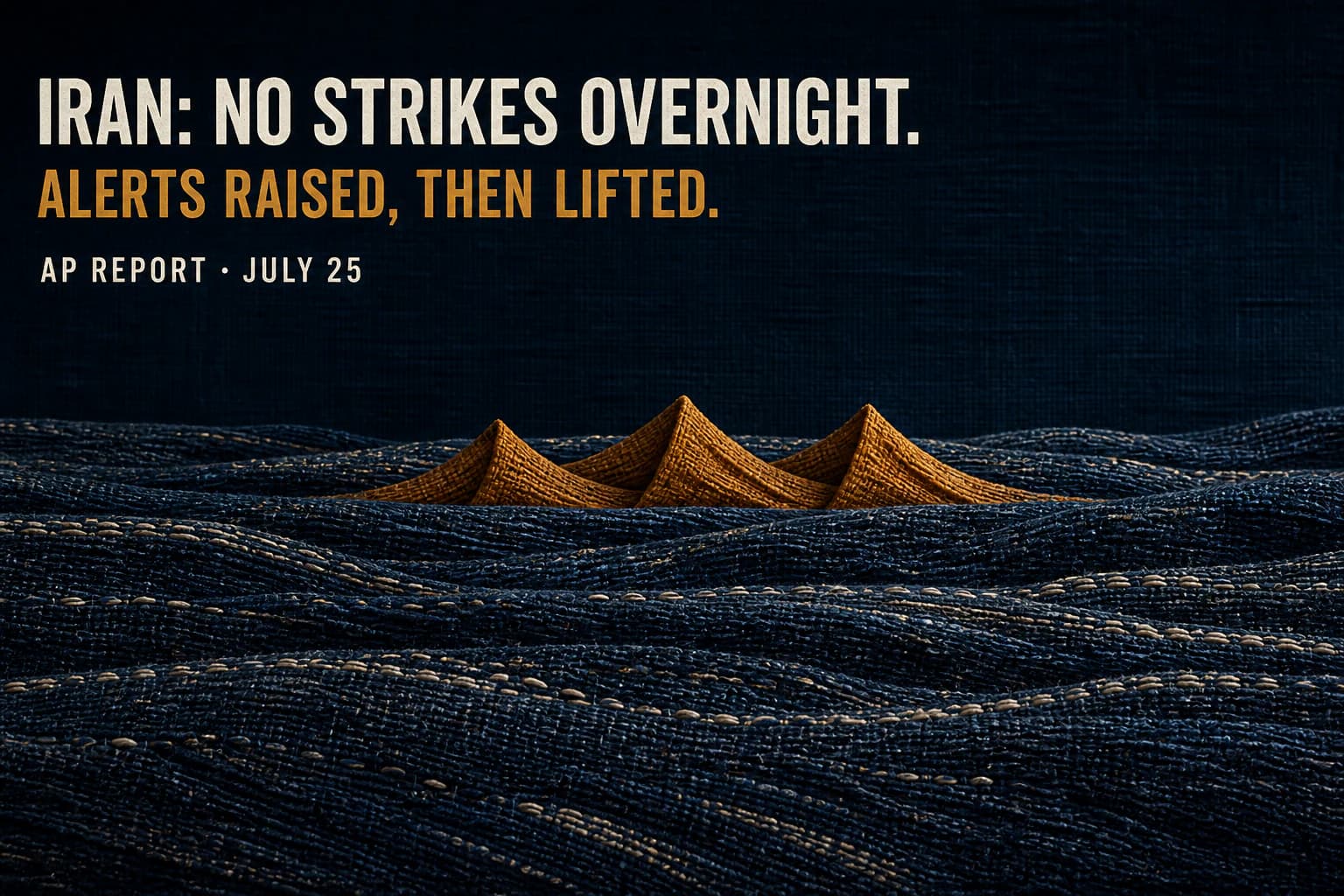 An indigo woven horizon forms three amber pleats beneath text about Iran's no-strike claim and alerts later lifted.