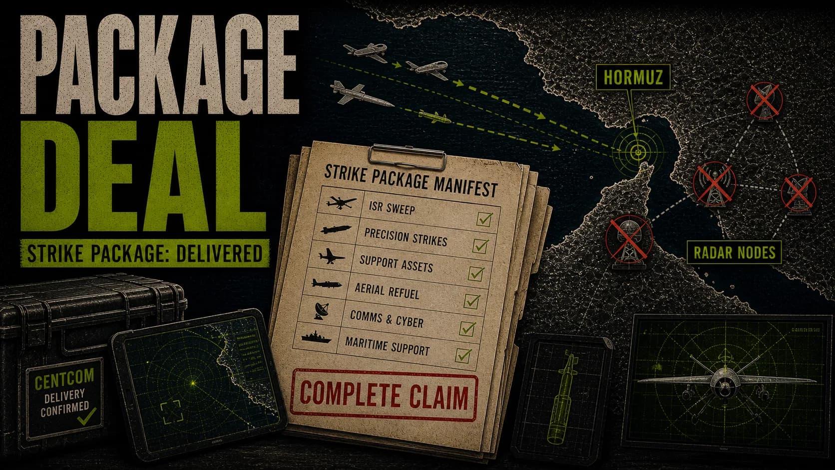 Hormuz strike-package board labeled Package Deal with a delivery manifest and radar nodes crossed out.