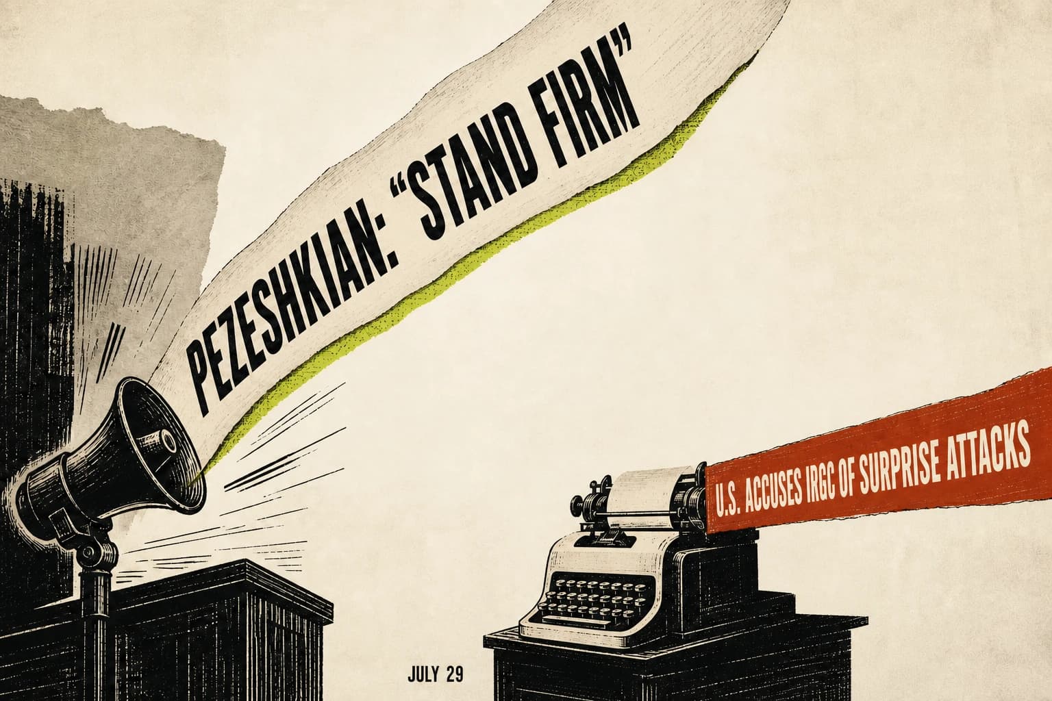 A megaphone carries Pezeshkian's stand-firm quotation while a separate typewriter strip carries the attributed U.S. accusation.