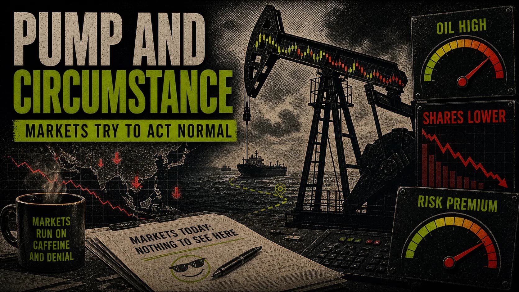 Oil-market board labeled Pump and Circumstance with a pump jack, stock arrows, and risk-premium gauges.
