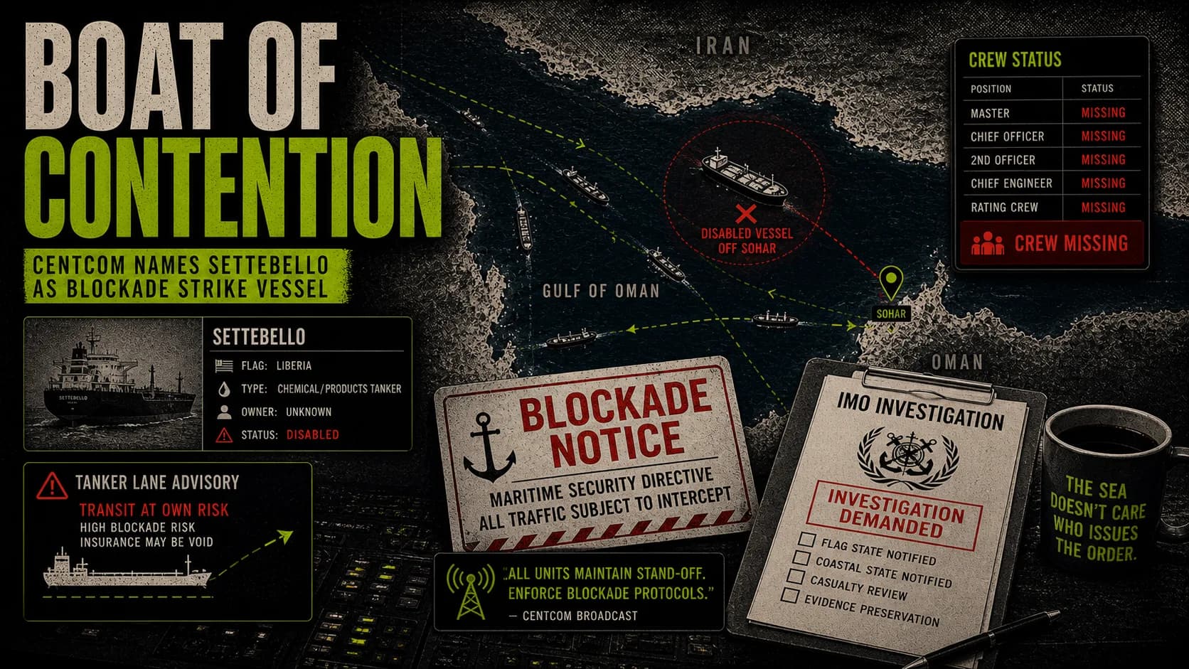 Gulf of Oman maritime board labeled Boat of Contention with Settebello, crew-status, blockade, and investigation markers.