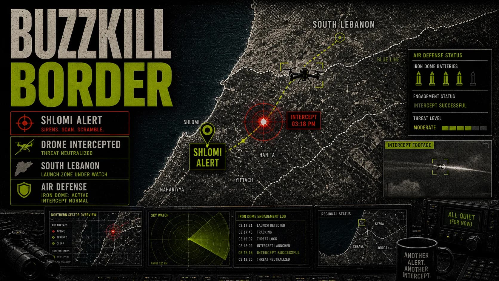 Northern border air-defense board labeled Buzzkill Border with Shlomi, a drone path, radar sweep, and intercept marker.