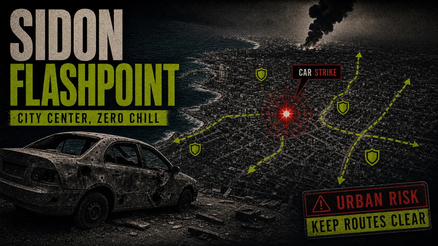 Sidon city-center strike board labeled Sidon Flashpoint with an anonymous damaged car, route arrows, and urban-risk markers.