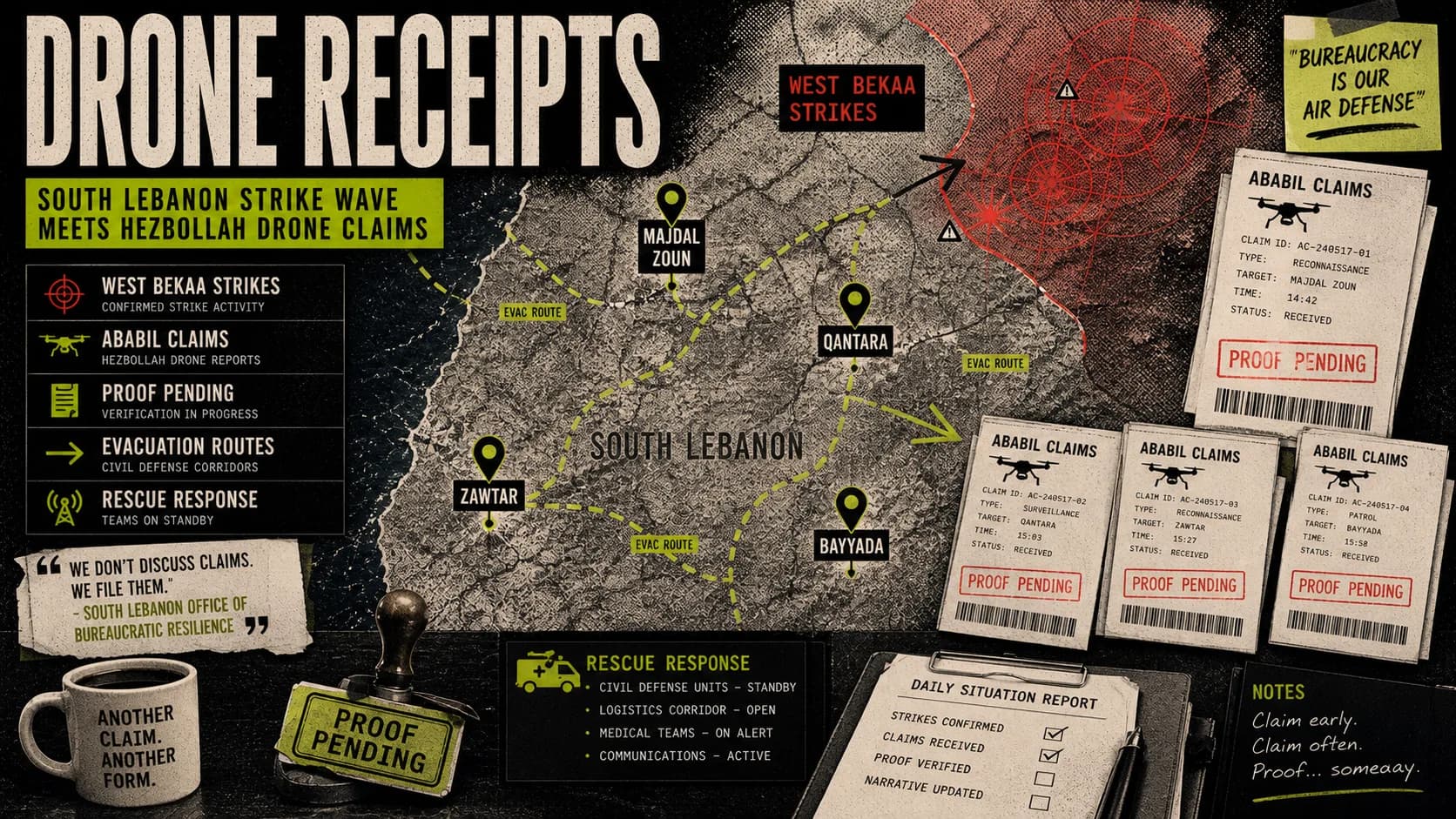 South Lebanon activity map labeled Drone Receipts with drone-claim paperwork, strike markers, and evacuation routes.