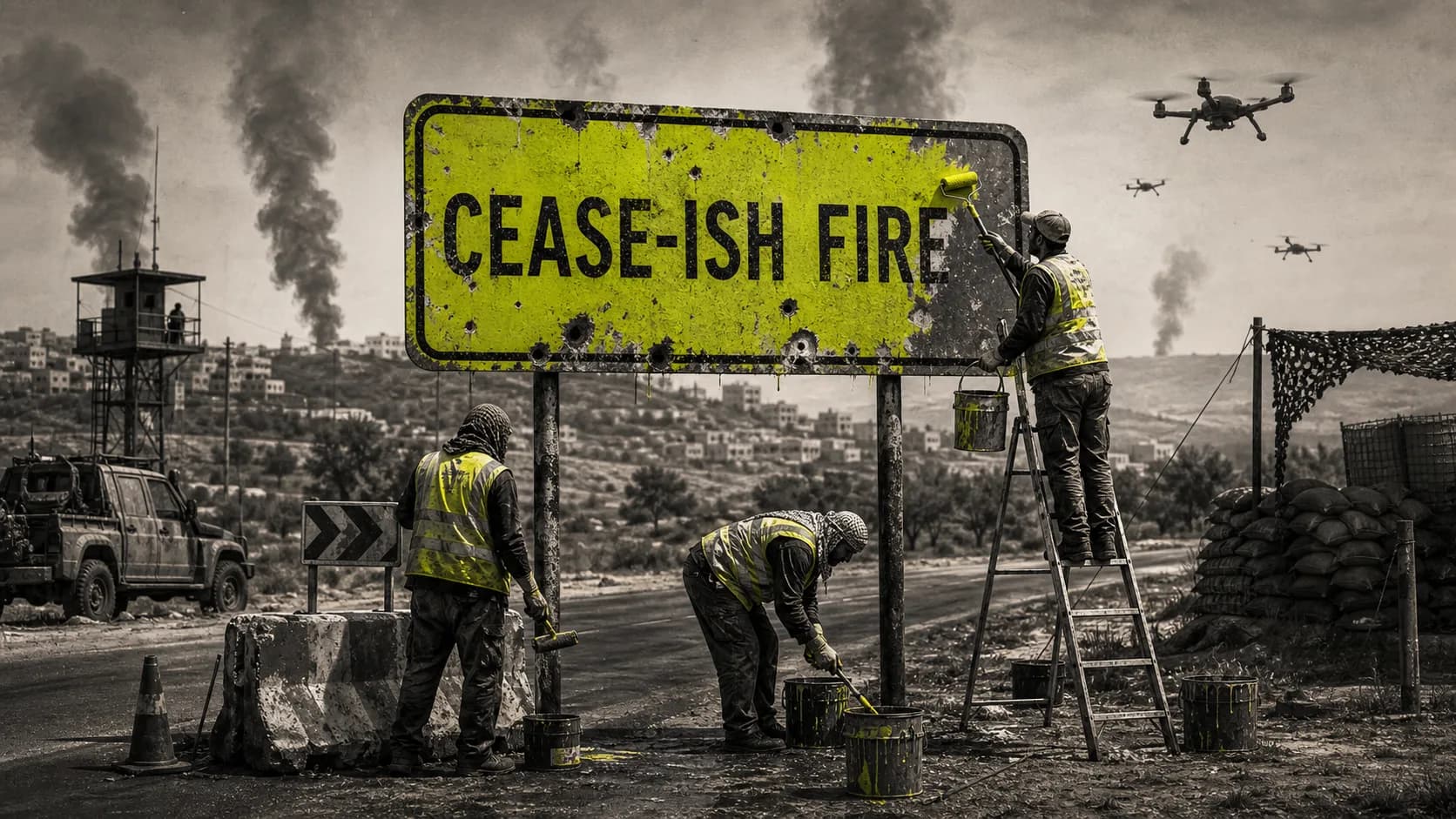 Roadside cease-ish fire sign being repainted in a south Lebanon collage.