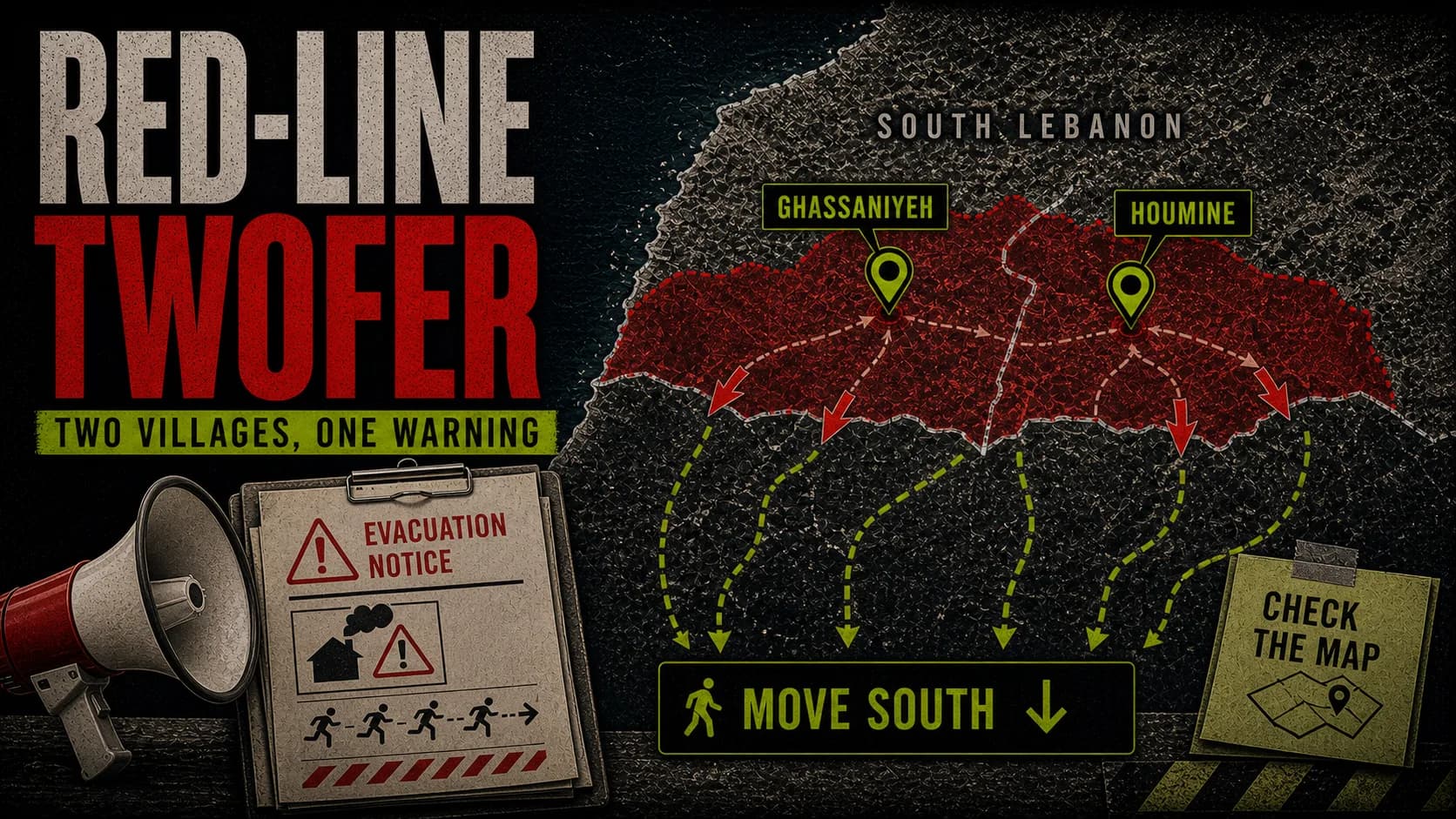South Lebanon evacuation map labeled Red-Line Twofer with Ghassaniyeh and Houmine inside one warning zone.