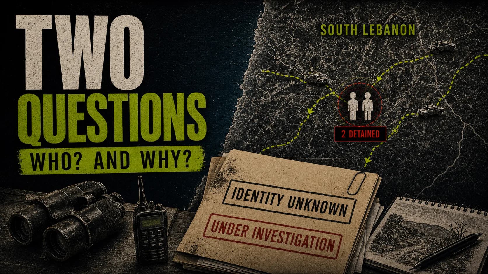 South Lebanon border inquiry board labeled Two Questions with anonymous detainee markers and an identity-unknown case file.