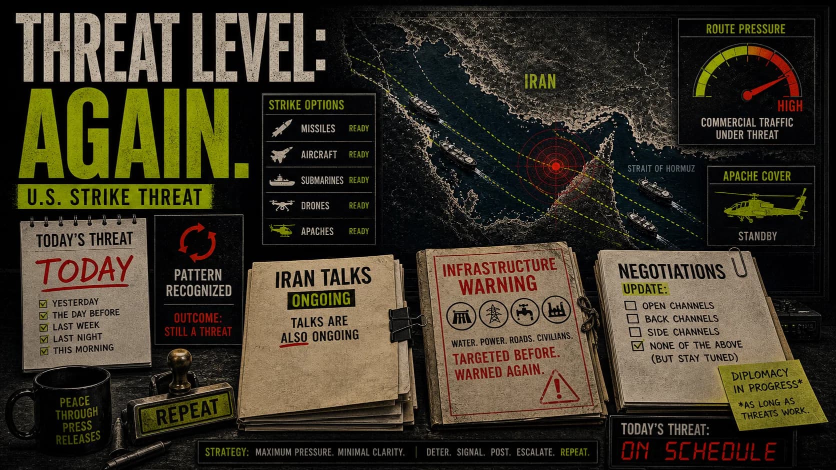 U.S. strike-threat board labeled Threat Level Again with repeated-threat paperwork, negotiation folders, and Hormuz pressure.
