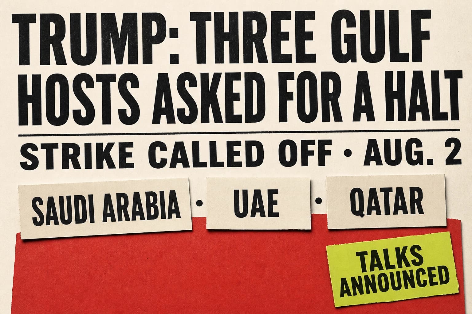 Place cards for Saudi Arabia, the UAE, and Qatar hold a red strike sheet closed while a talks card enters the table.