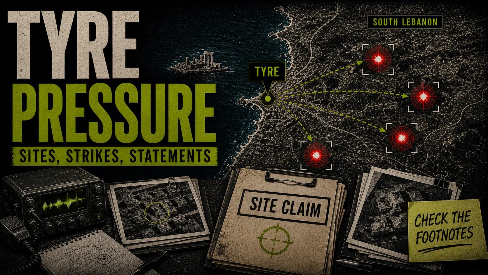 Tyre strike-claim board labeled Tyre Pressure with coastal map pins and a site-claim folder.